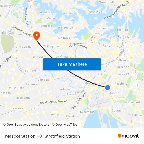 Mascot Station to Strathfield Station map