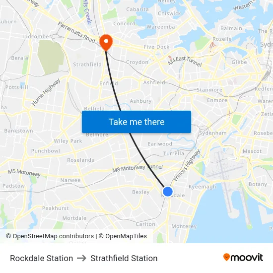 Rockdale Station to Strathfield Station map