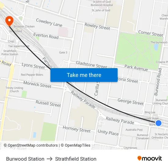 Burwood Station to Strathfield Station map