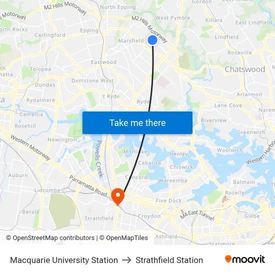 Macquarie University Station to Strathfield Station map