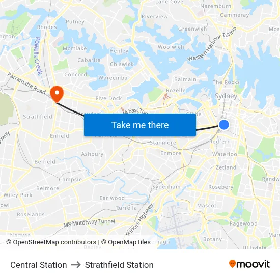 Central Station to Strathfield Station map