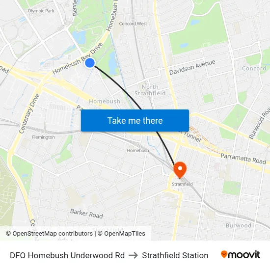 DFO Homebush Underwood Rd to Strathfield Station map