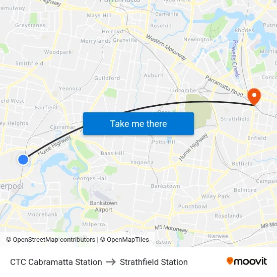CTC Cabramatta Station to Strathfield Station map