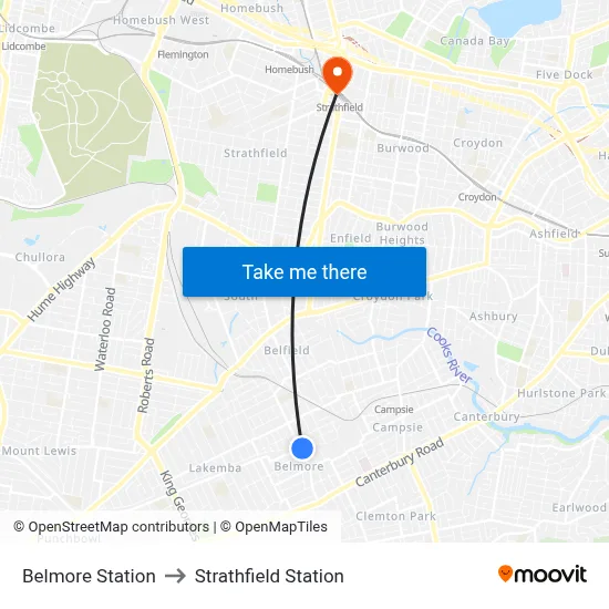 Belmore Station to Strathfield Station map