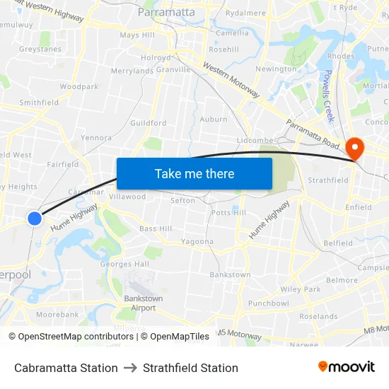 Cabramatta Station to Strathfield Station map