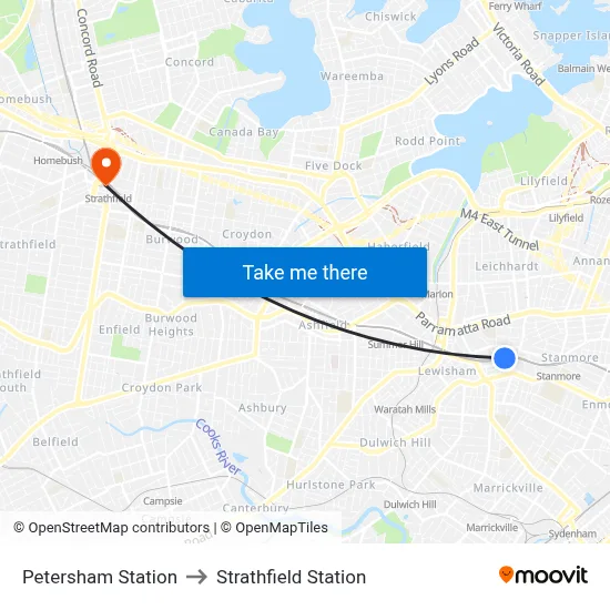 Petersham Station to Strathfield Station map