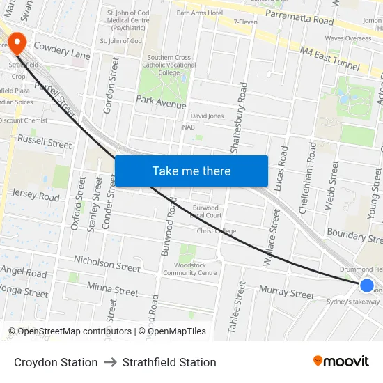 Croydon Station to Strathfield Station map