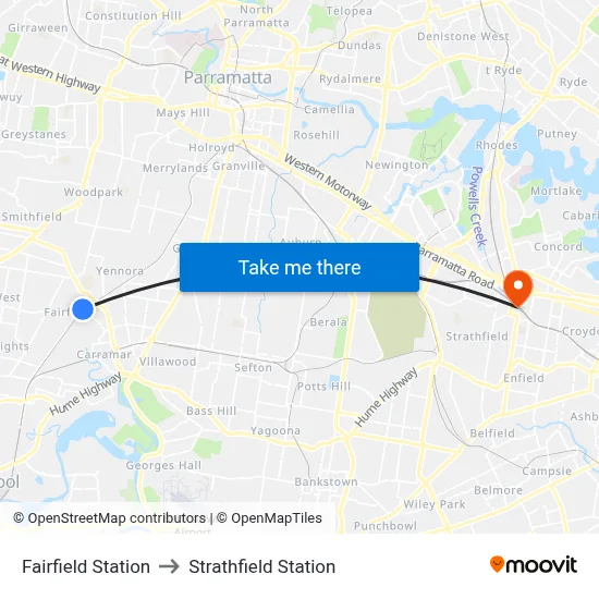 Fairfield Station to Strathfield Station map