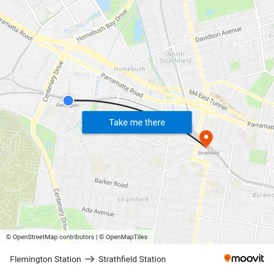 Flemington Station to Strathfield Station map