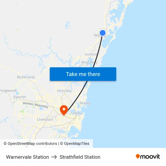 Warnervale Station to Strathfield Station map