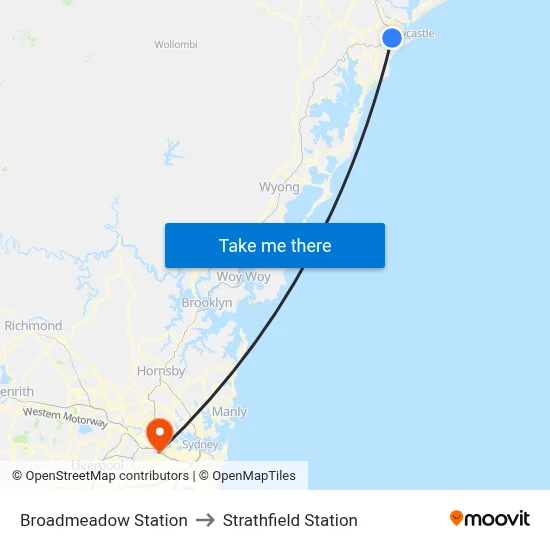Broadmeadow Station to Strathfield Station map
