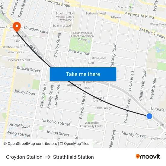 Croydon Station to Strathfield Station map