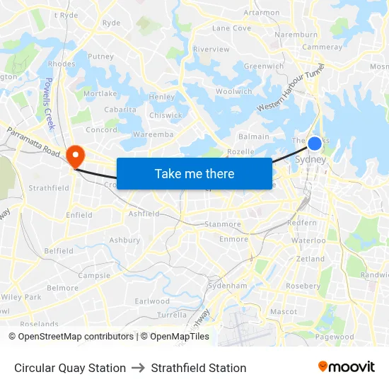 Circular Quay Station to Strathfield Station map