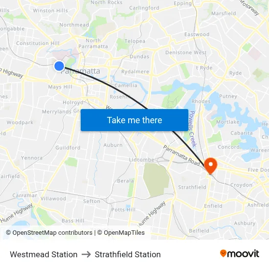 Westmead Station to Strathfield Station map
