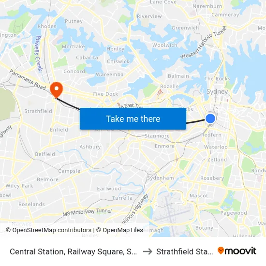Central Station, Railway Square, Stand M to Strathfield Station map