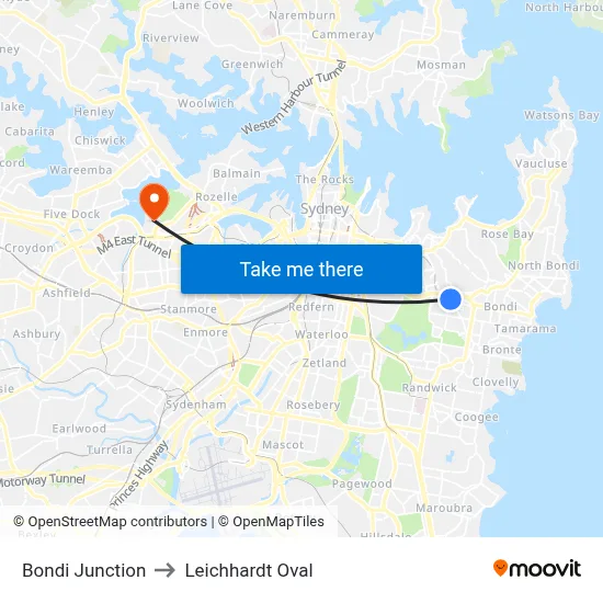 Bondi Junction to Leichhardt Oval map