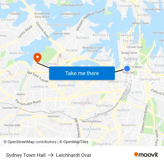 Sydney Town Hall to Leichhardt Oval map