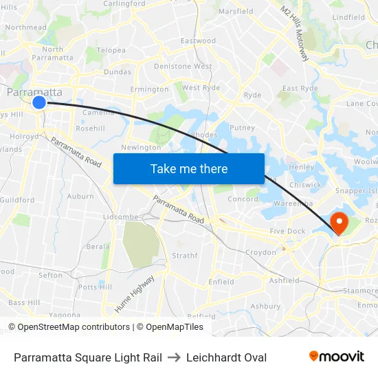 Parramatta Square Light Rail to Leichhardt Oval map