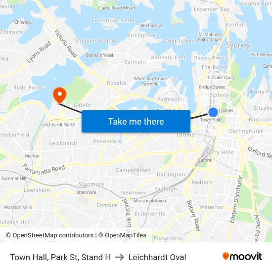 Town Hall, Park St, Stand H to Leichhardt Oval map
