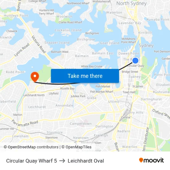 Circular Quay Wharf 5 to Leichhardt Oval map