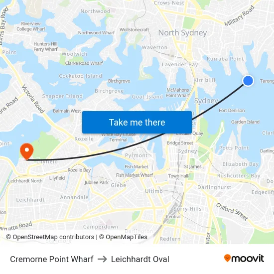 Cremorne Point Wharf to Leichhardt Oval map