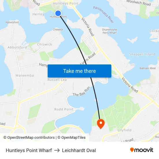 Huntleys Point Wharf to Leichhardt Oval map