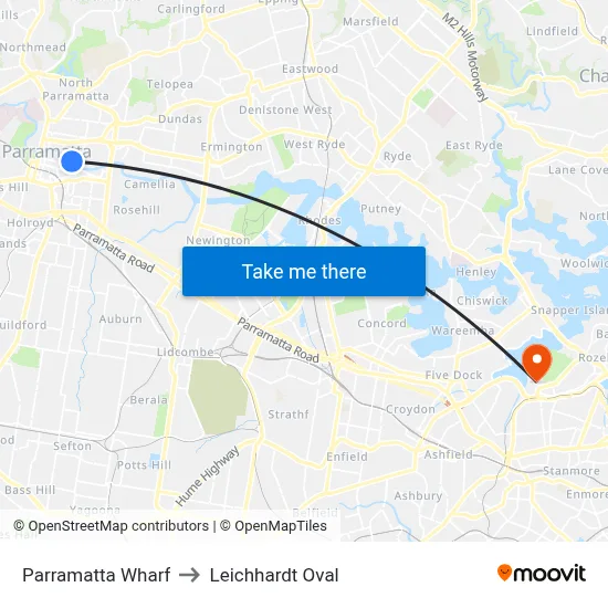 Parramatta Wharf to Leichhardt Oval map