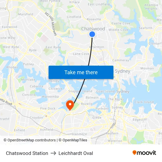 Chatswood Station to Leichhardt Oval map