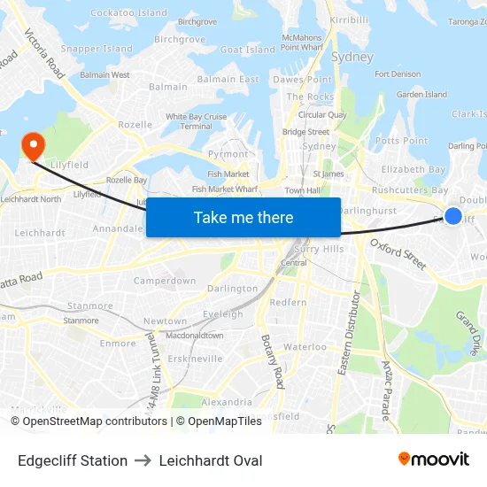 Edgecliff Station to Leichhardt Oval map