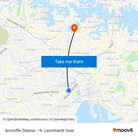 Arncliffe Station to Leichhardt Oval map