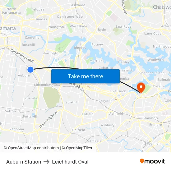 Auburn Station to Leichhardt Oval map