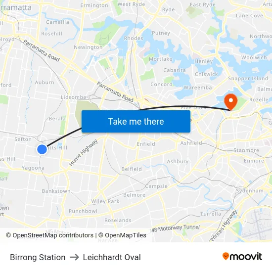 Birrong Station to Leichhardt Oval map