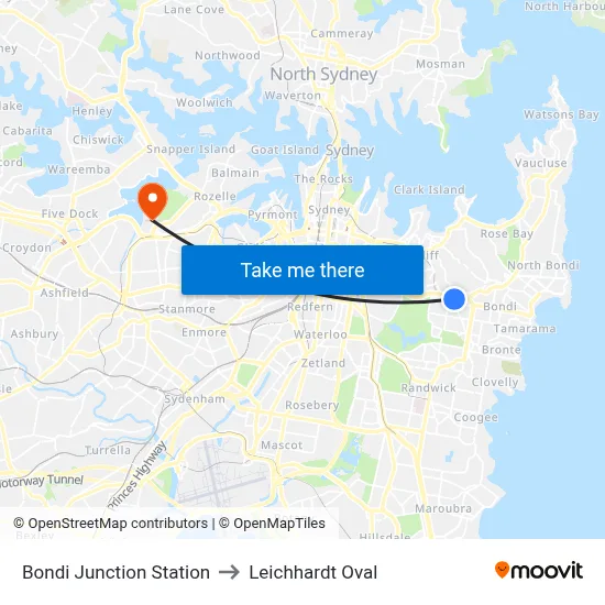 Bondi Junction Station to Leichhardt Oval map
