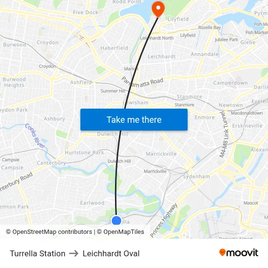 Turrella Station to Leichhardt Oval map