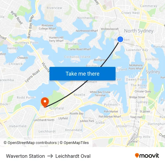 Waverton Station to Leichhardt Oval map