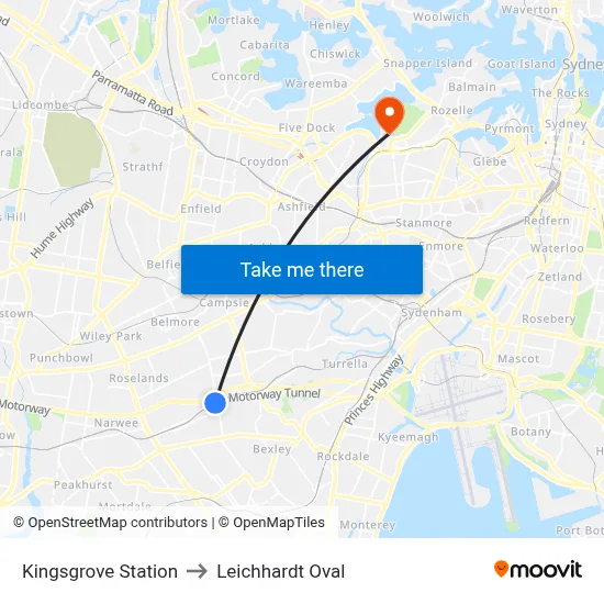 Kingsgrove Station to Leichhardt Oval map