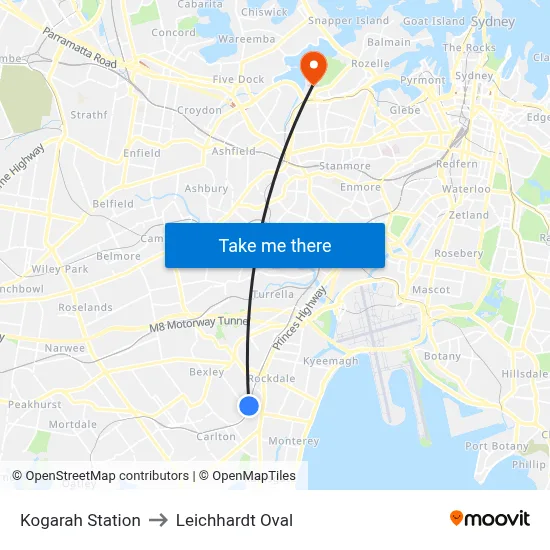 Kogarah Station to Leichhardt Oval map
