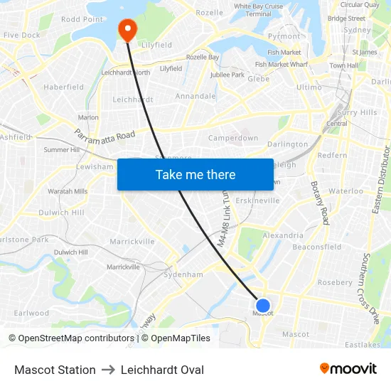 Mascot Station to Leichhardt Oval map