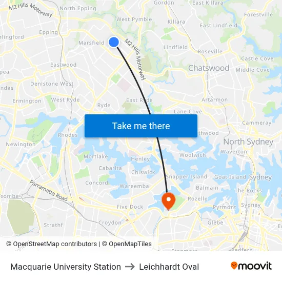 Macquarie University Station to Leichhardt Oval map