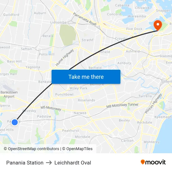 Panania Station to Leichhardt Oval map