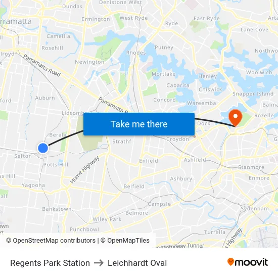 Regents Park Station to Leichhardt Oval map