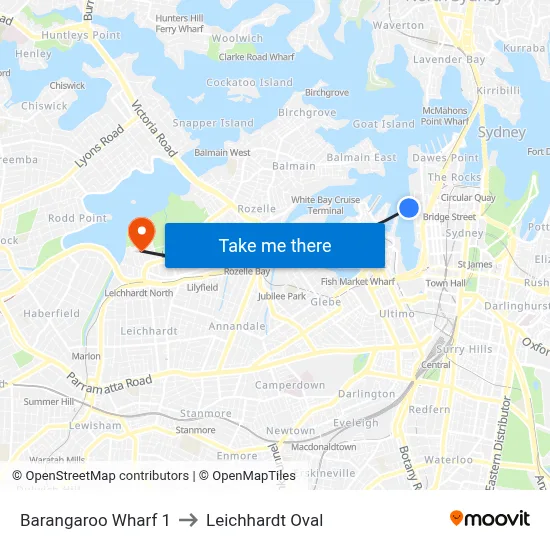 Barangaroo Wharf 1 to Leichhardt Oval map