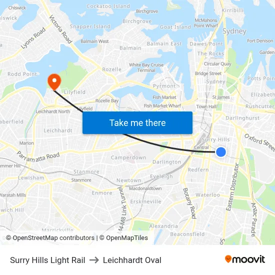 Surry Hills Light Rail to Leichhardt Oval map