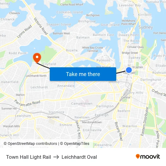 Town Hall Light Rail to Leichhardt Oval map