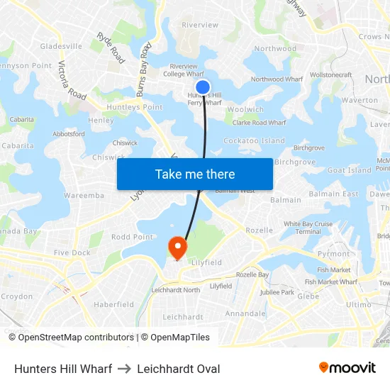 Hunters Hill Wharf to Leichhardt Oval map