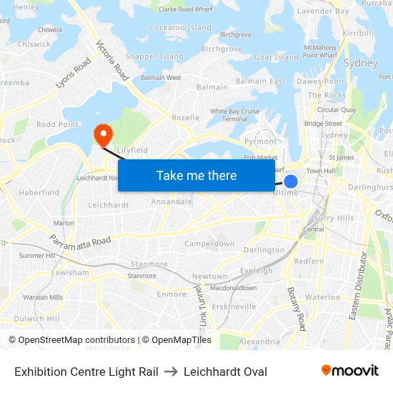 Exhibition Centre Light Rail to Leichhardt Oval map