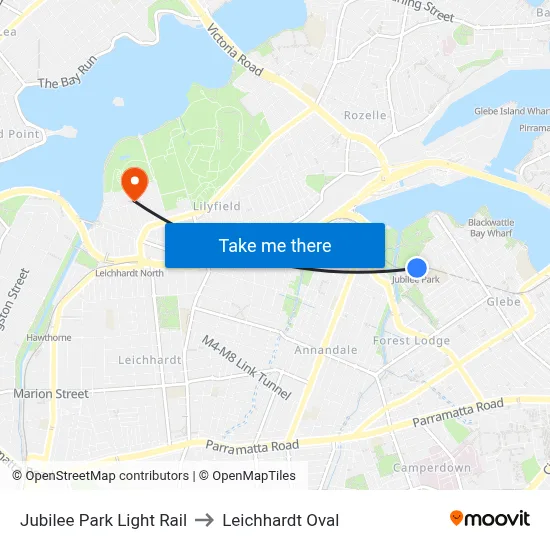 Jubilee Park Light Rail to Leichhardt Oval map