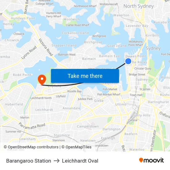 Barangaroo Station to Leichhardt Oval map