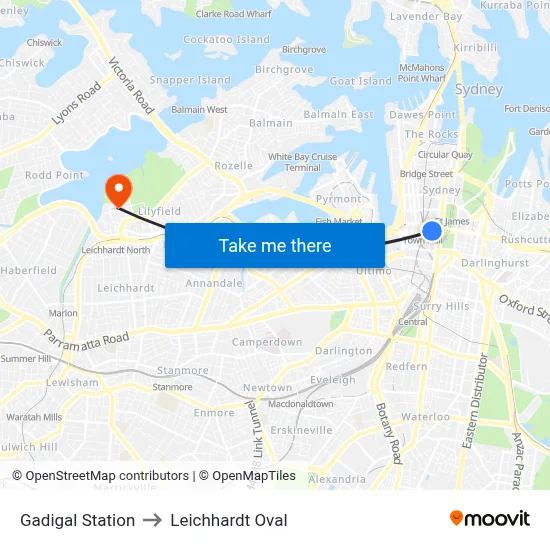Gadigal Station to Leichhardt Oval map