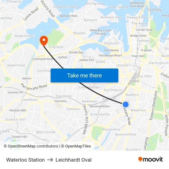 Waterloo Station to Leichhardt Oval map